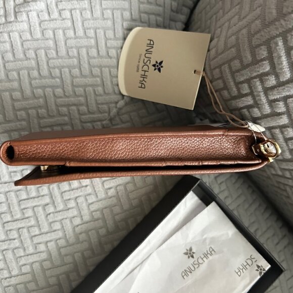 Anuschka Leather Embroidered Smart Phone Crossbody Bag TAN - Picture 6 of 10